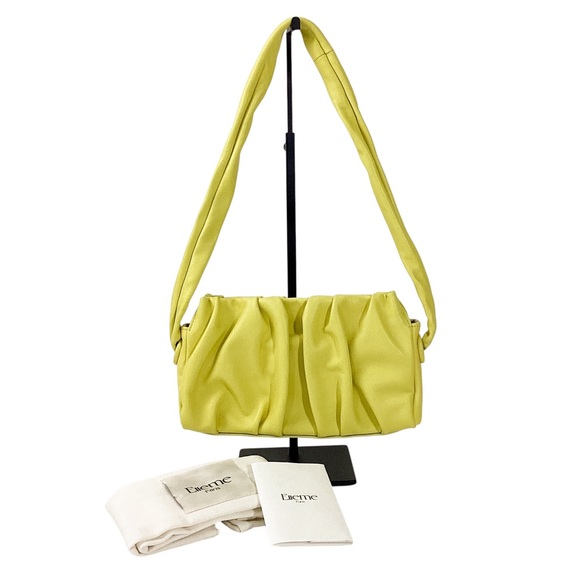 ELLEME Paris Leather Vague Shoulder Bag Yellow East West Purse Ruched Handbag - Picture 1 of 12